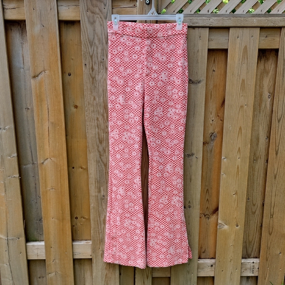Zara Pink and Orange Flare Pants with Retro Print